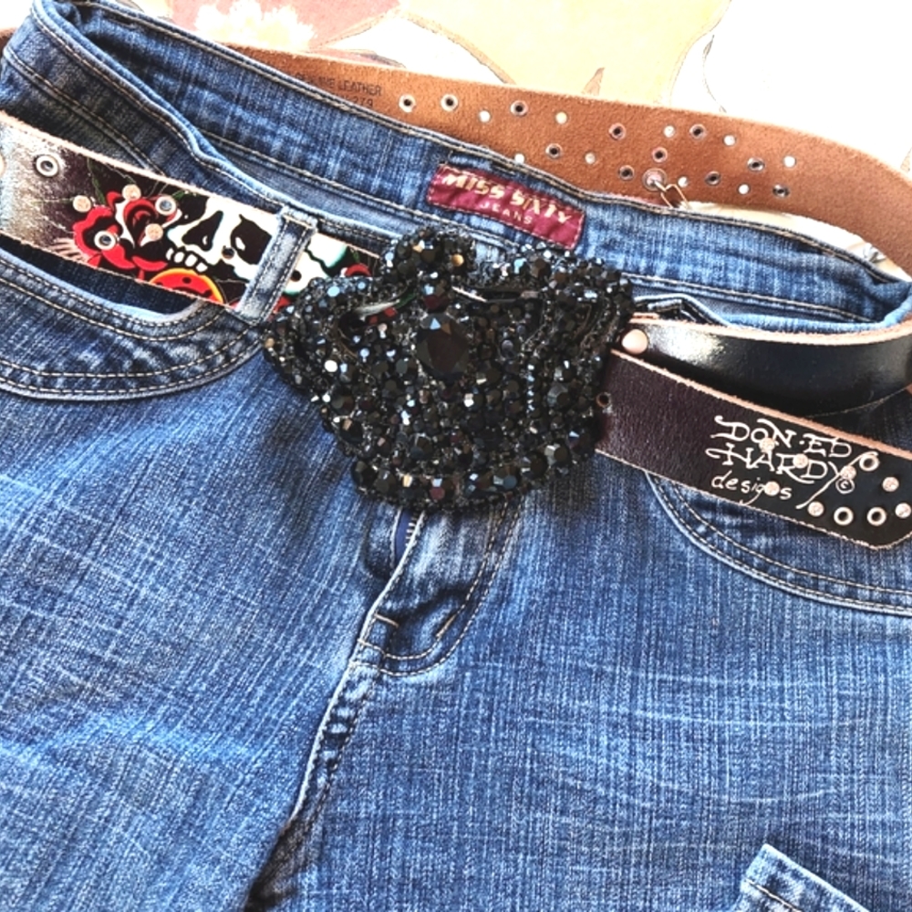 RARE CHROME ANGELS Black CROWN Austrian Crystals Rhinestones 6" x 4" Belt Buckle